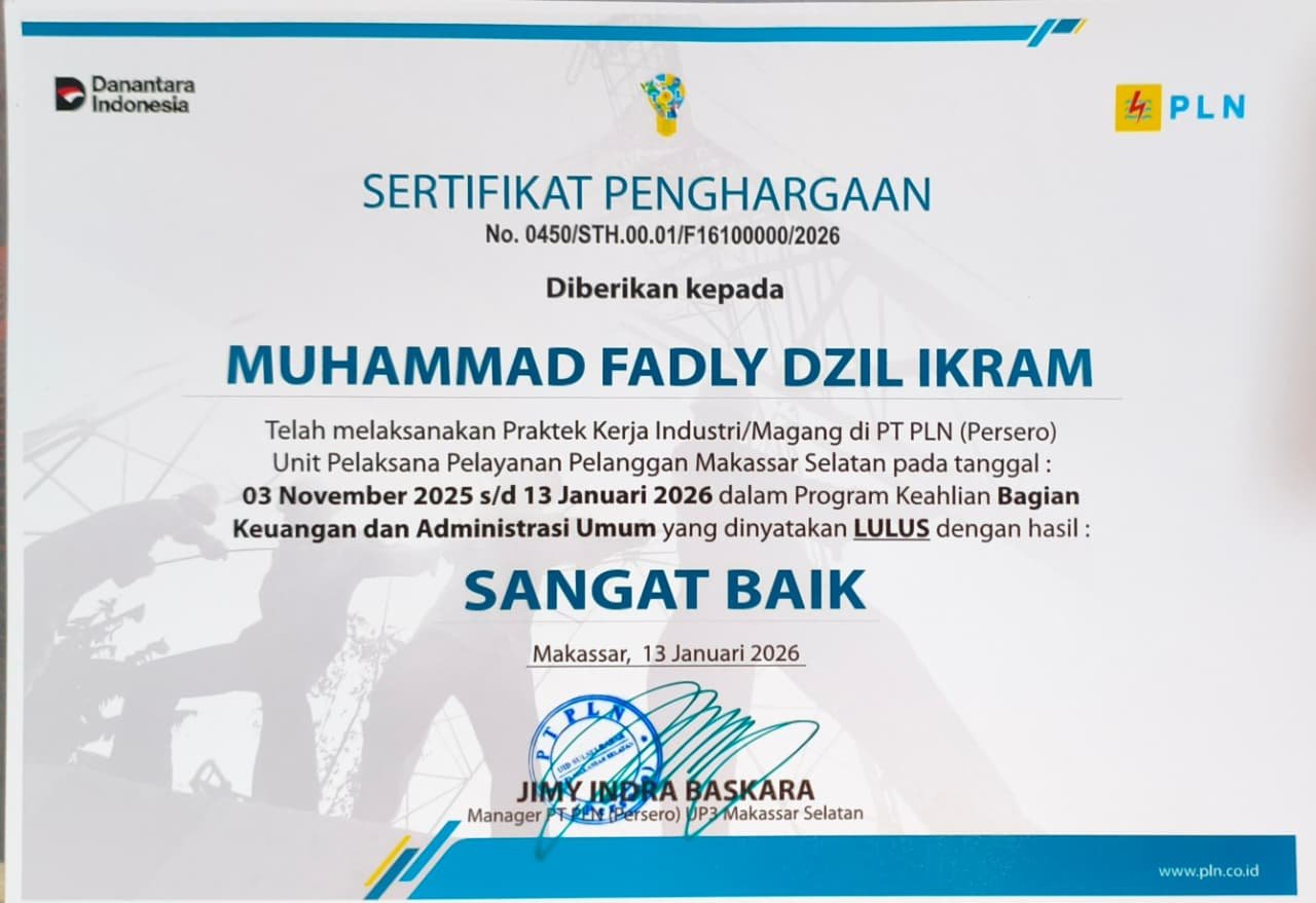 Sertifikat Magang PLN UP3 Makassar Selatan