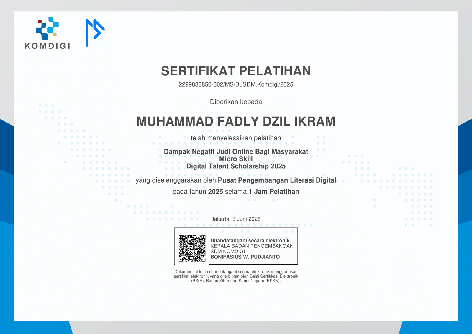 Sertifikat dampak negatif judi online bagi masyarakat